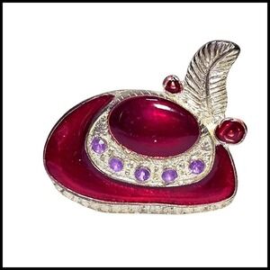 Vintage Hat Pin Brooch Burgundy Cabochon Feather Rhinestone Accent